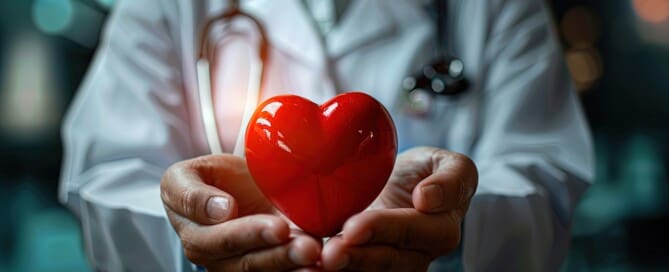 Image of doctor holding hands out with a floating heart icon