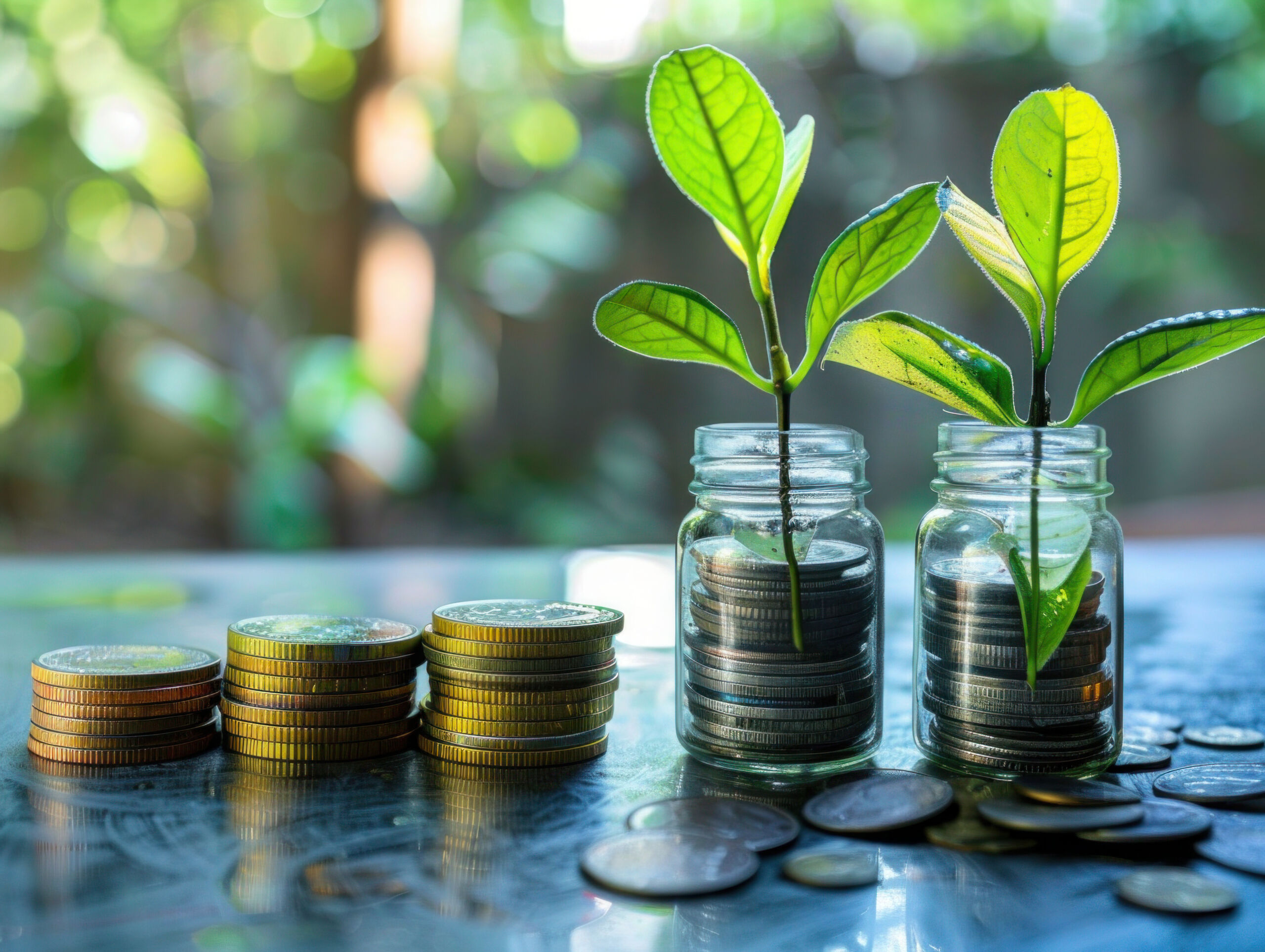 Image of money jars with plants growing out of them