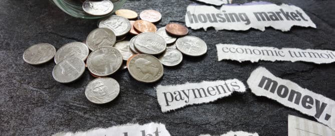 Image of coins on a table with newspaper clippings.