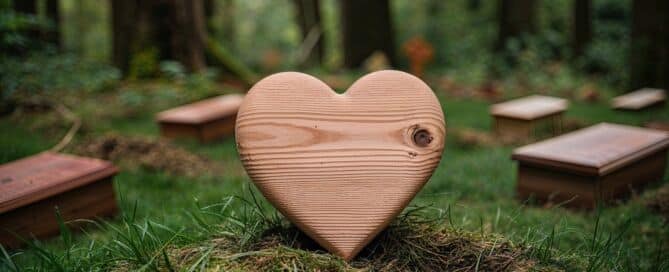 Heartfelt Wooden Heart Closeup in Enchanted Woodland Green Burial Ground