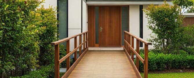 A wooden ramp for wheelchairs provides access to the house, increasing its ease of use for people with mobility problems.