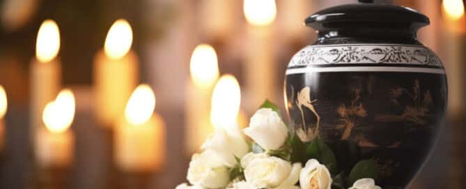 White roses and a black cremation urn with burning candles. Generative AI