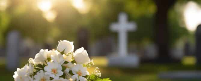 white flowers in front of a gravestone at a cemetery with sunset.