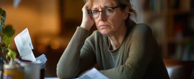 Elderly woman at home feeling anxious while going through household bills.