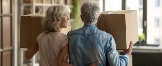 Elderly couple of new home with moving boxes. Retirement, relocation, and starting a new life beginnings.