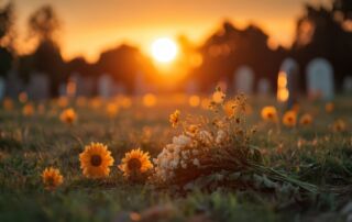 Wildflowers laid on a grave with a sunset backdrop, evoking feelings of peace, remembrance, and the transient beauty of life amidst a serene, final resting place.