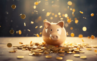 Gold coins fall on a pink piggy bank in the shape of a piglet
