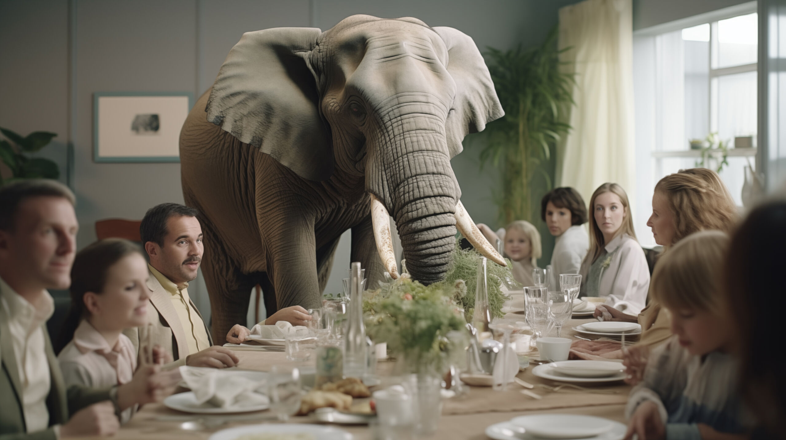 Group of Family and Friends At The Dinner Table Ignoring The Elephant in the Room. Generative AI.