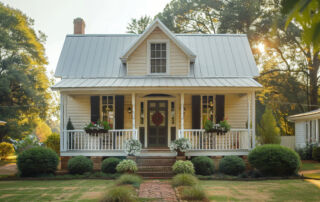 The facade of a traditional one-story home with an inviting porch that spans the front. The house features clapboard siding, a metal roof. Generative AI.