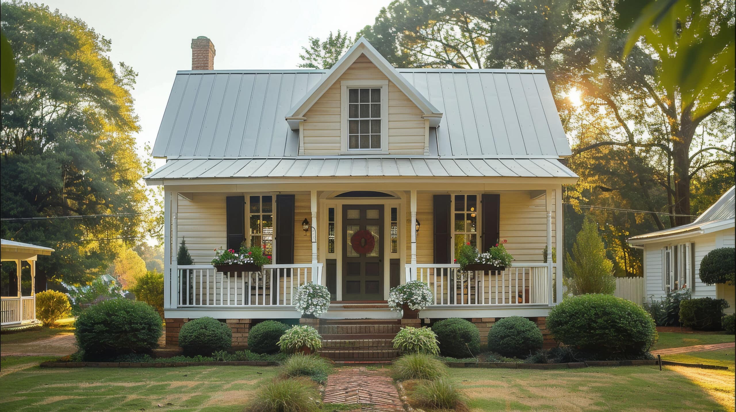 The facade of a traditional one-story home with an inviting porch that spans the front. The house features clapboard siding, a metal roof. Generative AI.