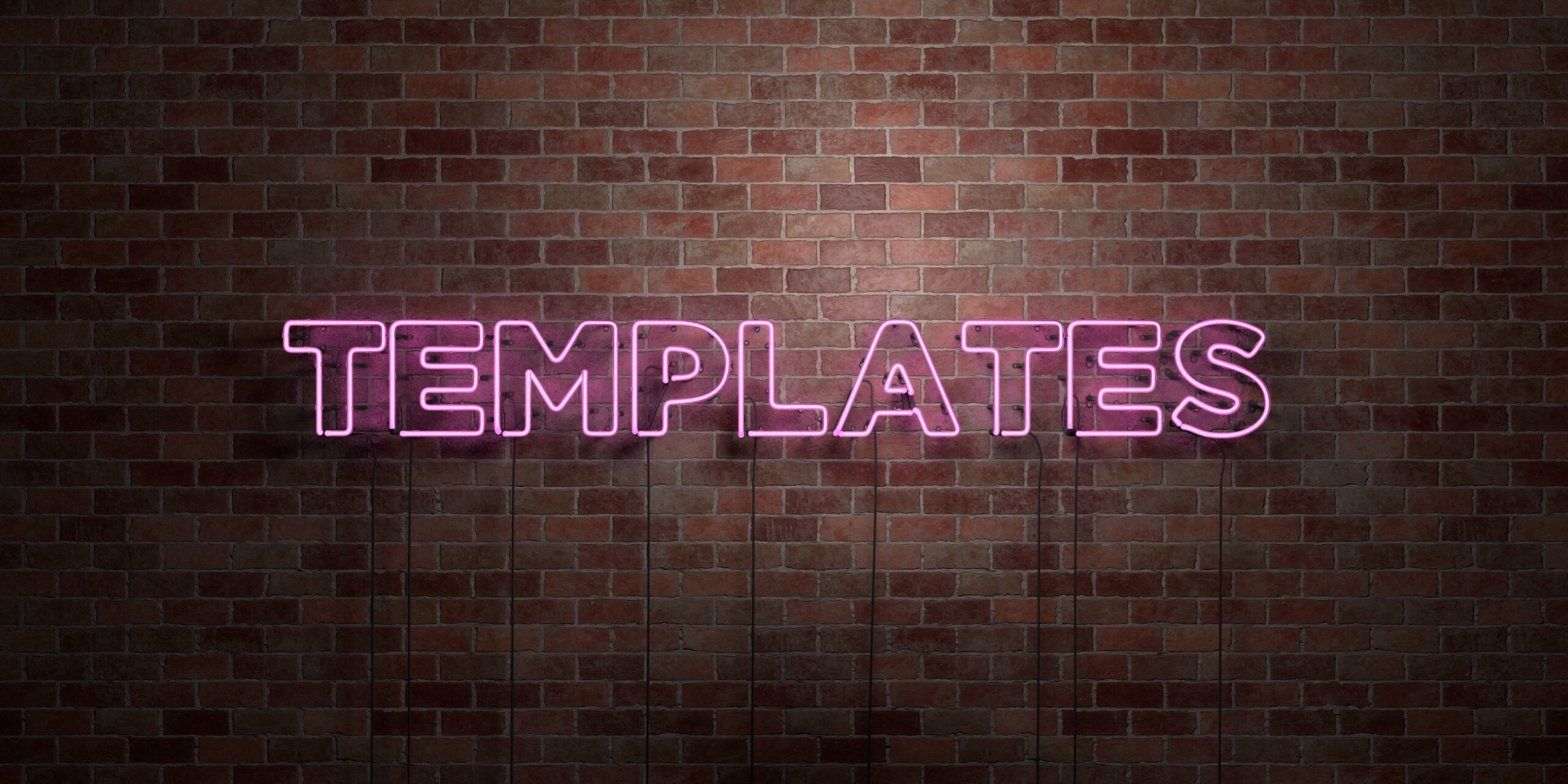 TEMPLATES - fluorescent Neon tube Sign on brickwork - Front view - 3D rendered royalty free stock picture. Can be used for online banner ads and direct mailers.