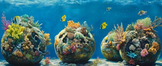 Vibrant fish and coral thrive on artificial reef balls, showcasing the beauty of marine life underwater in this captivating scene of aquatic diversity. Fish and coral flourish in such environments.