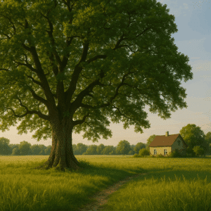 A big oak tree in a field with a family house behind it.