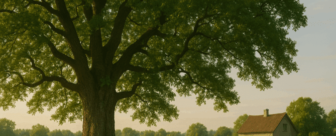 A big oak tree in a field with a family house behind it.